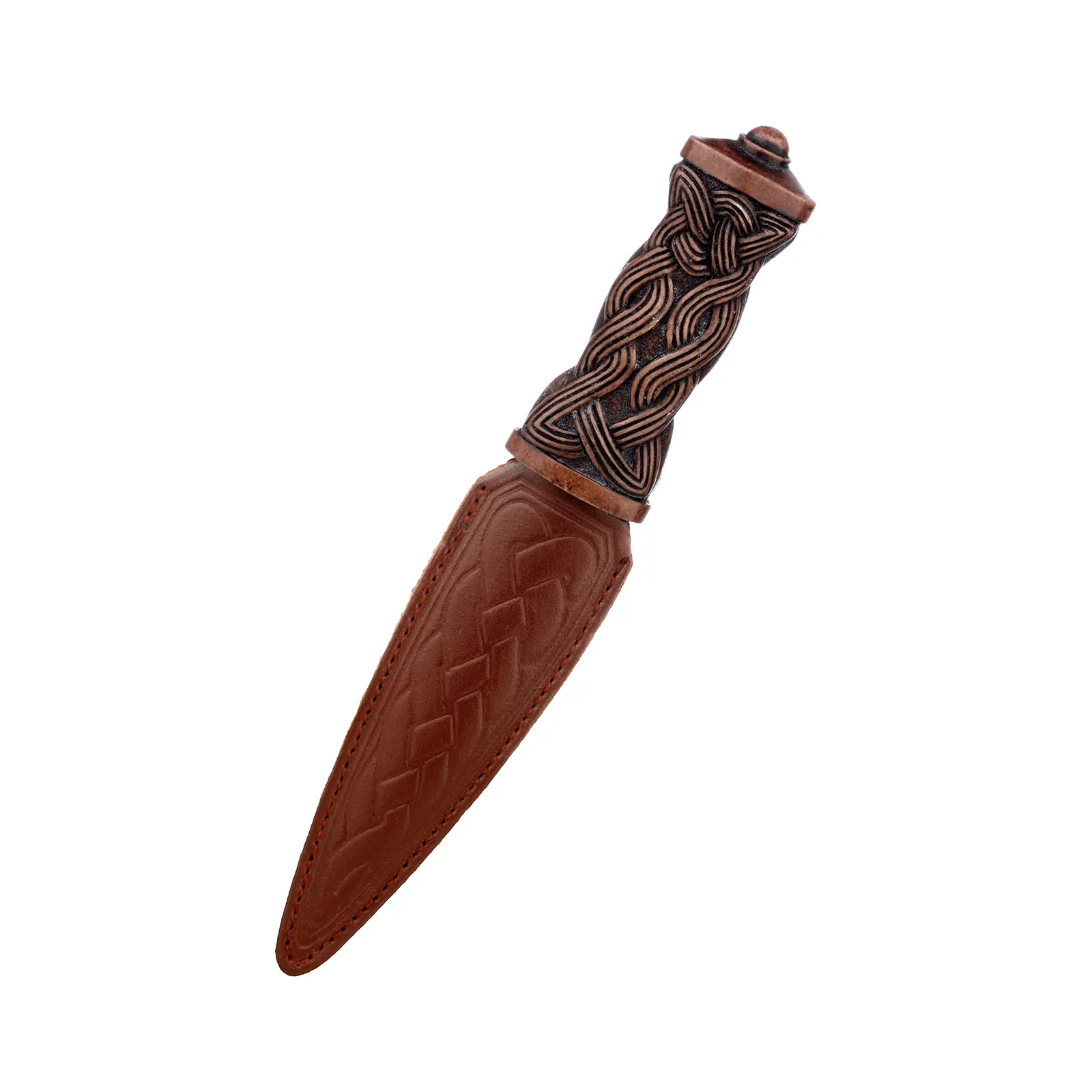 Daywear Sgian Dubh mit keltischem Muster und brauner Lederscheide – handgefertigt in Schottland