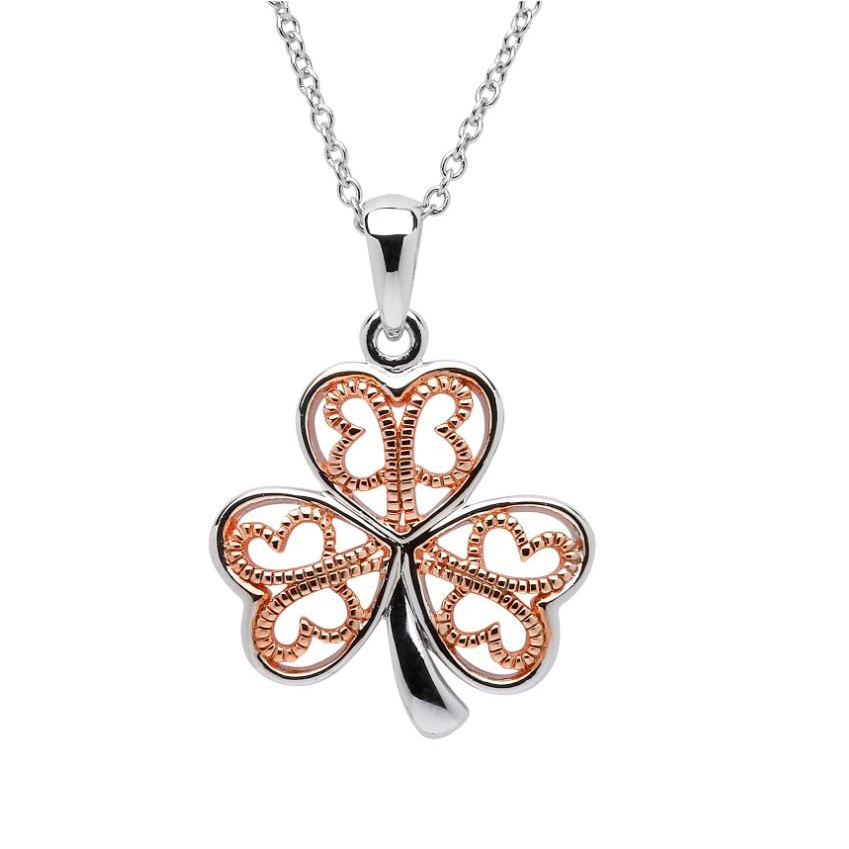 rose-gold-shamrock-kleeblatt-kette Irish Shamrock Kette - Irisches Kleeblatt aus Sterlingilber & Rotgold