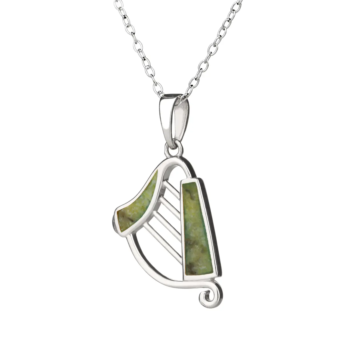 kette-anhaenger-harp-harfe-irland-silber-connemara-001 Irish Harp - Irische Harfe Anhänger & Kette aus Sterling Silber & Connemara Marmor