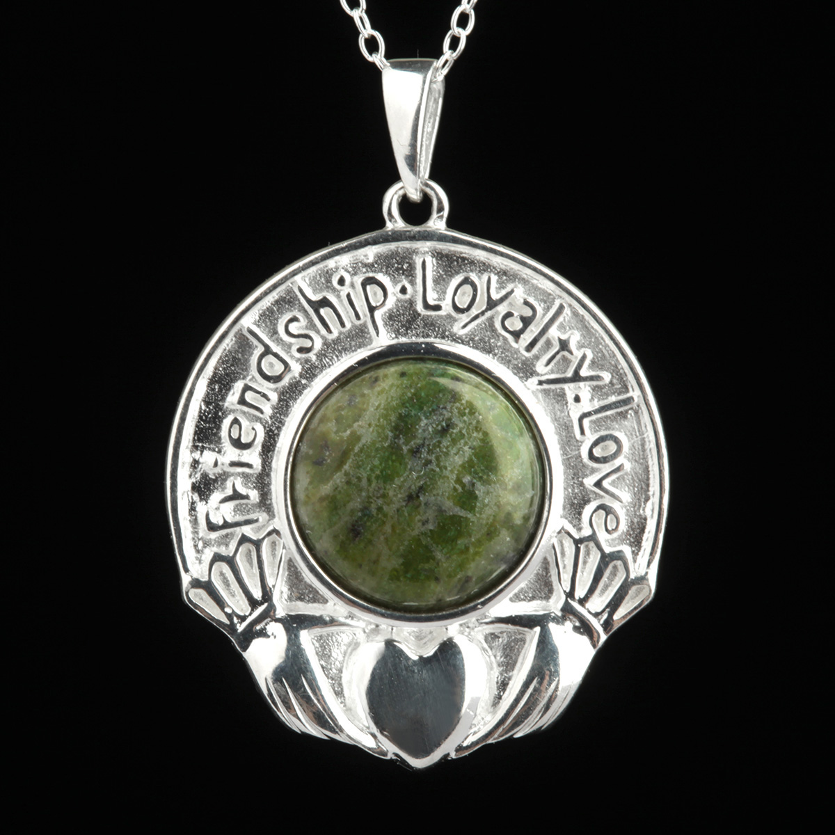 Friendship Loyalty Love - irische Claddagh Kette aus Silber & Connemara Marmor