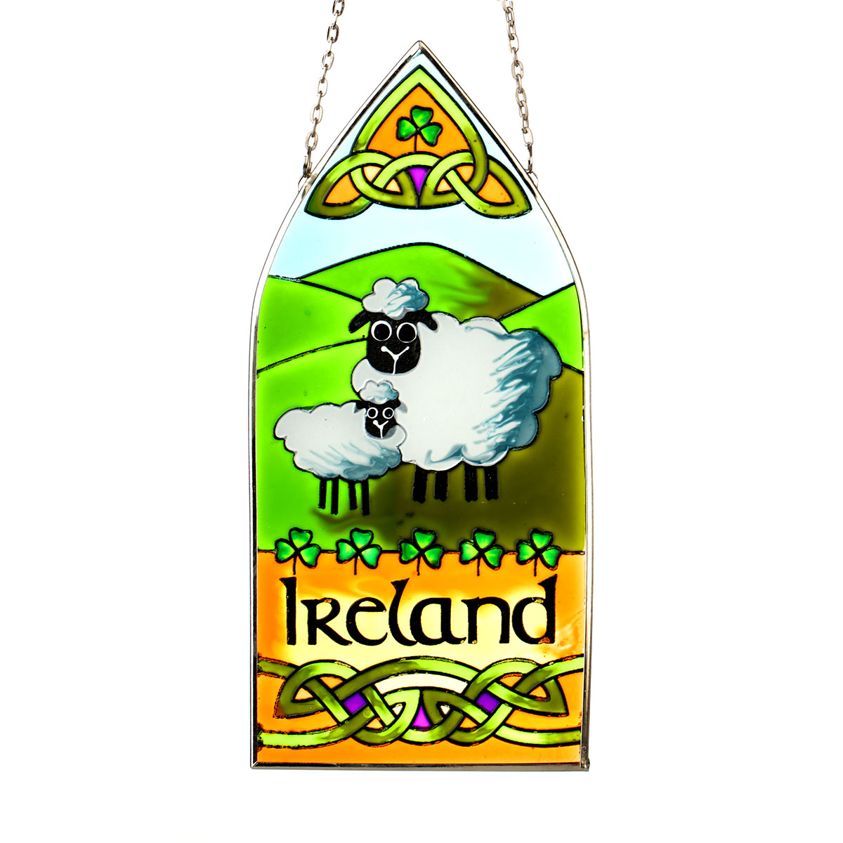 Ireland Sheep - Mit irischen Schafen handbemaltes Fensterbild aus buntem Glas