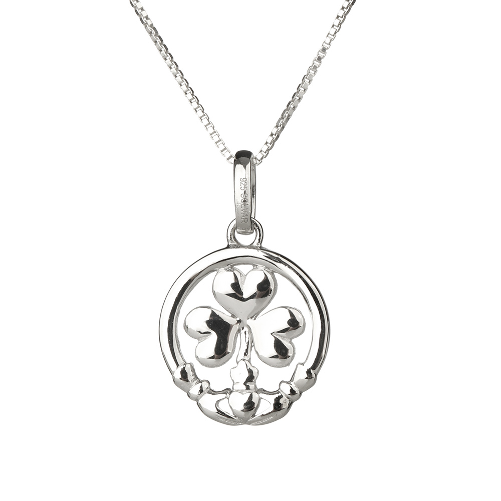 Claddagh Shamrock Kette - Irisches Kleeblatt & Claddagh Ring aus Sterling Silber