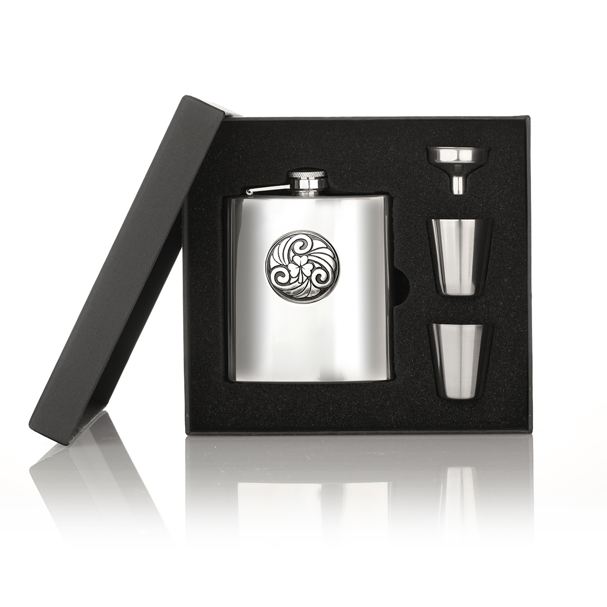 flachmann-irland-schottland-shamrock-kleeblatt-keltisch-002 Celtic Shamrock Flachmann & Shotbecher aus Edelstahl - keltisches Kleeblatt