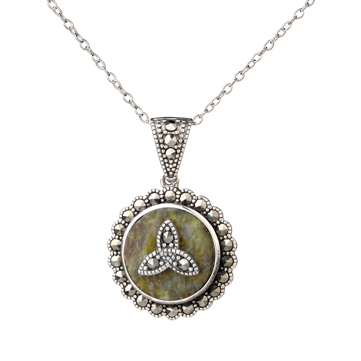 Connemara Trinity Crystal - irische Kette aus Silber mit Marmor und Markasit