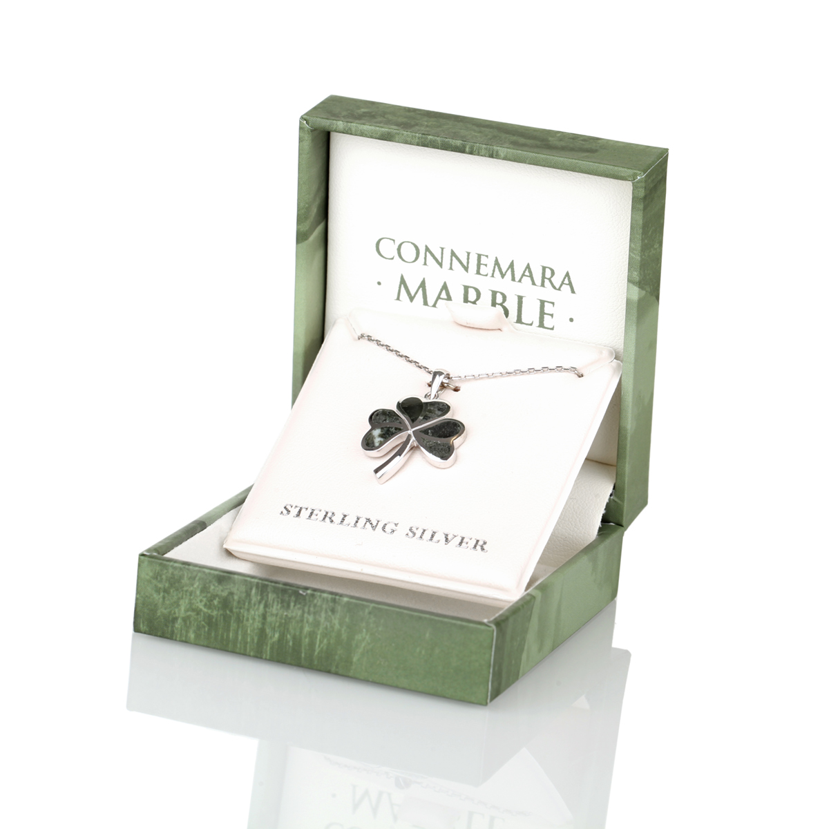 Irish Shamrock - Irisches Kleeblatt Kette aus Silber & Connemara Marmor