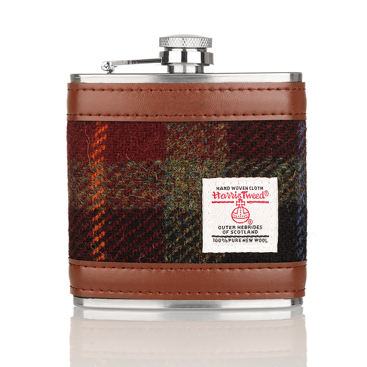 flachmann-hip-flask-edelstahl-schottland-tartan-harris-tweed-karo-013 Harris Tweed Flachmann aus Schottland in Rust Check Tartan