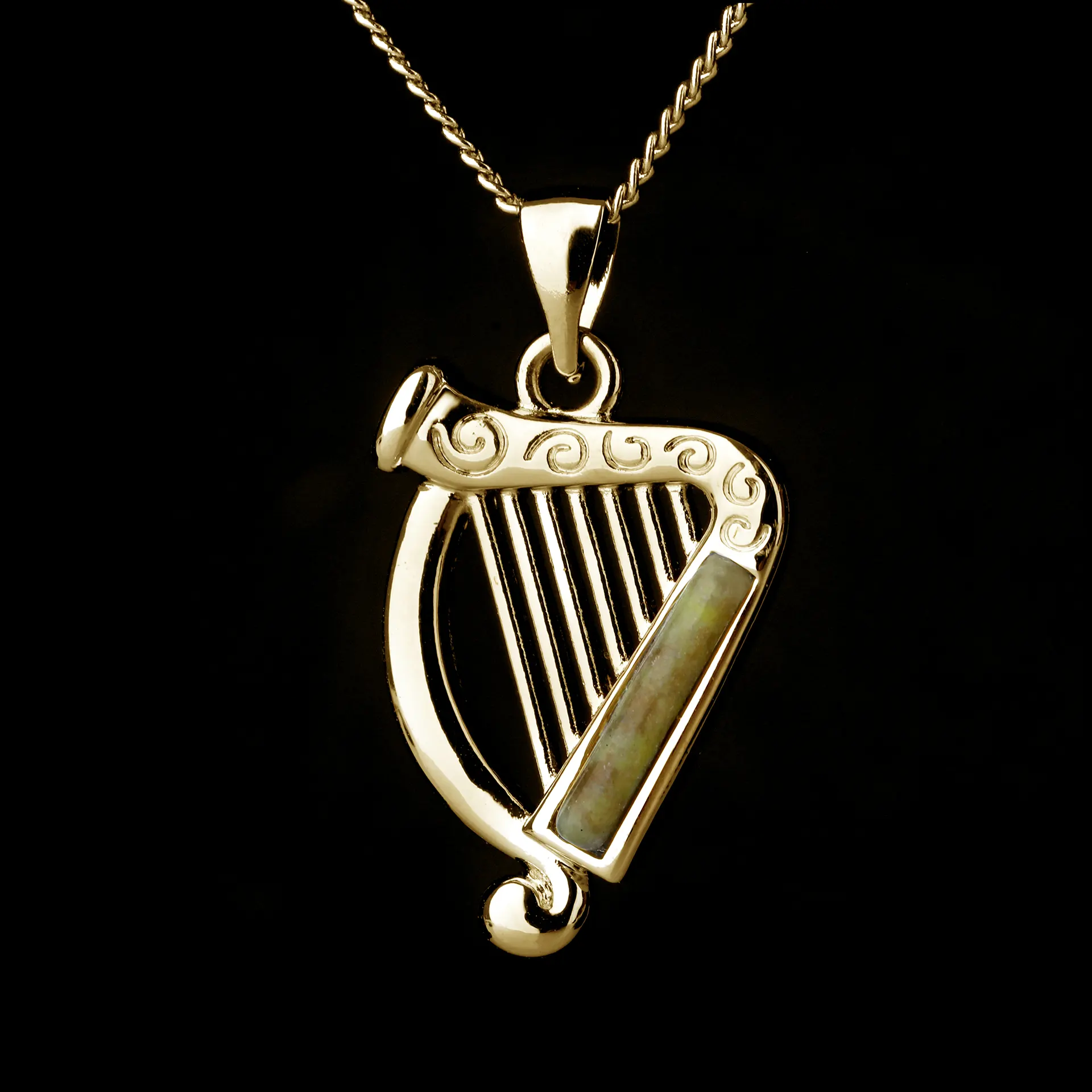 Irische Harfe 18K vergoldet, mit keltischen Ornamenten und Connemara Marmor