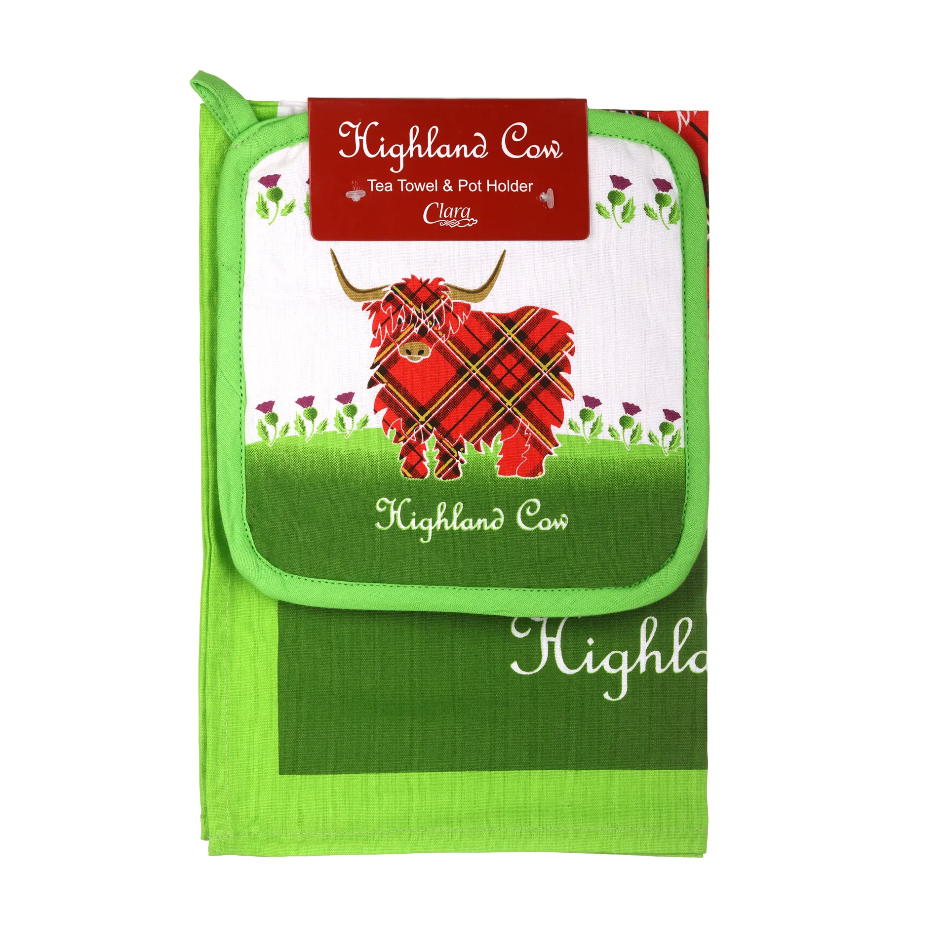 Schottisches Highland Cow Küchenset mit Geschirrtuch und Topflappen