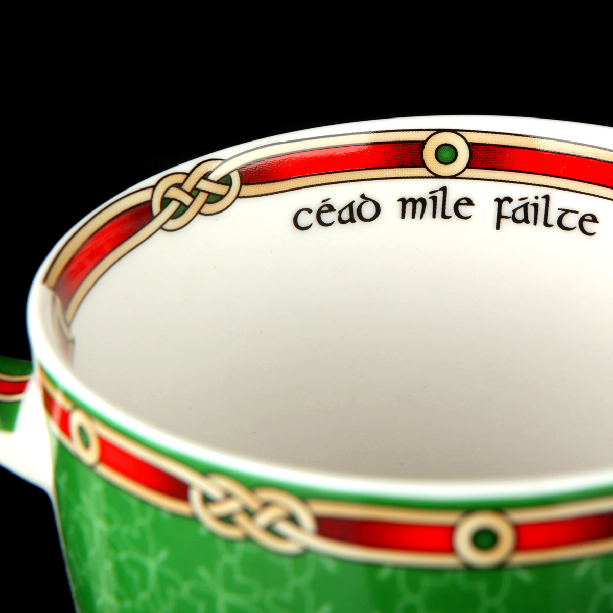 Kaffeebecher-Mug-irland-irish-shamrock-kleeblatt-014 Cead Mile Failte Shamrock Mug - Irischer Kaffeebecher mit Kleeblättern & keltischen Mustern