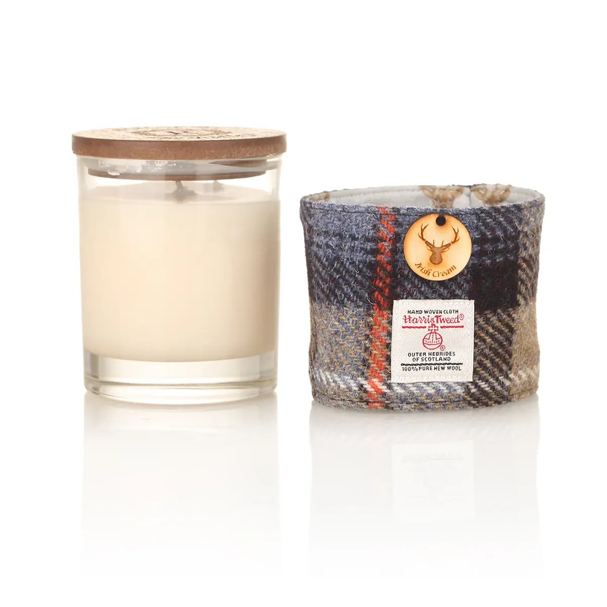 Irish Cream Duftkerze im Glas mit Harris Tweed Hülle & Holzdeckel