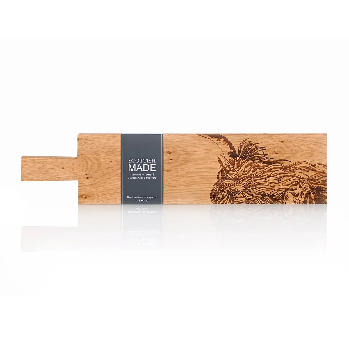Schneidebrett-Holz-Paddel-Eiche-Oak-Schottland-Highland-Cow-Rind-007 Highland Cow Servierpaddel - Eichenholz Schneidebrett Made in Scotland