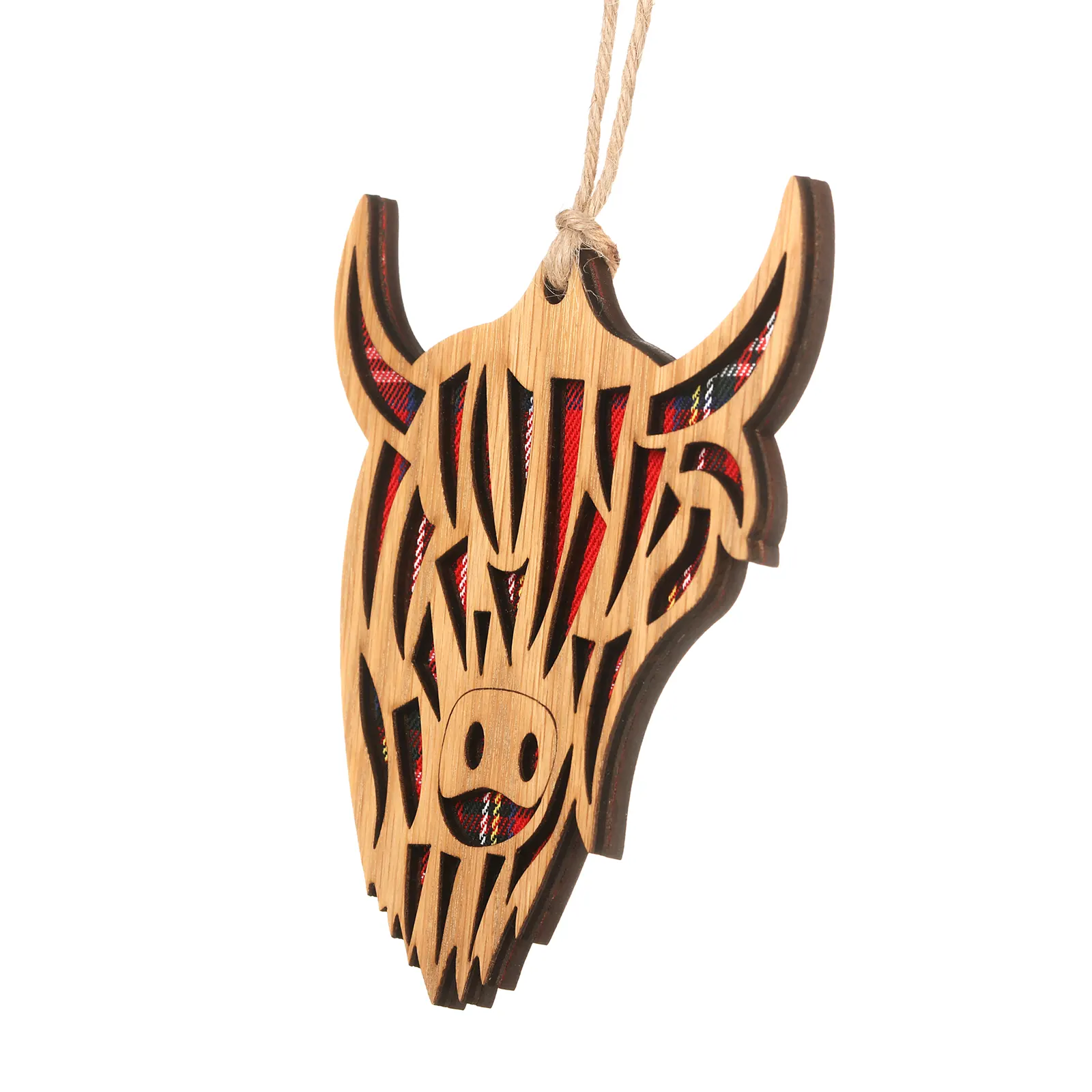 Highland Coo - Holz-Aufhänger mit schottischer Highland-Cow und Tartan-Hintergrund
