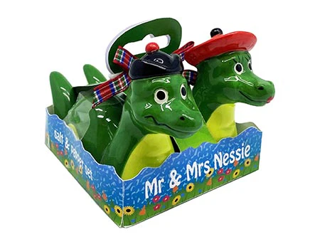 Mr & Mrs Nessie - Handbemalte Loch Ness Monster als Keramik Salz- und Pfefferstreuer Set