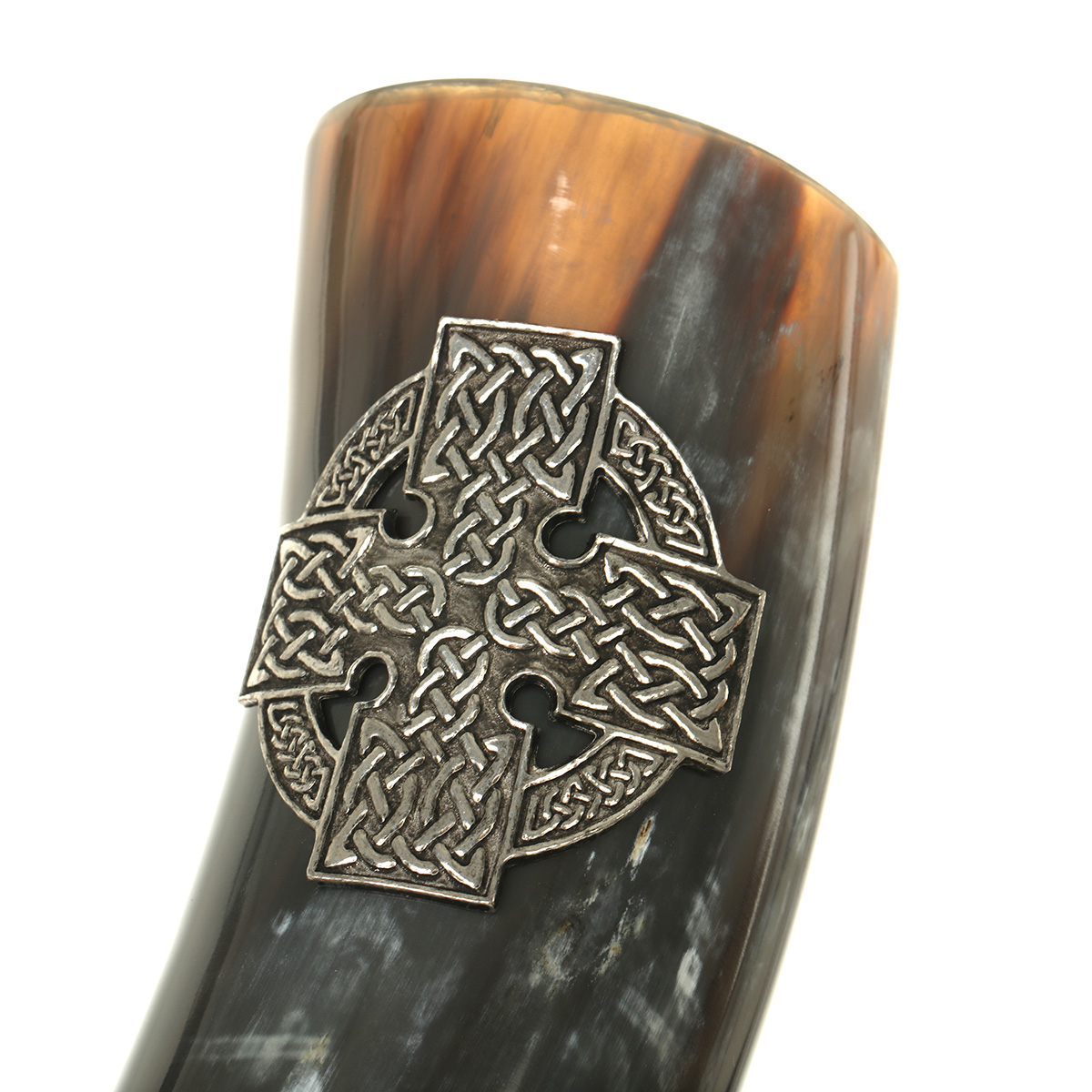 Poliertes Trinkhorn mit keltischem Kreuz aus Zinn - ca. 0,5 Liter