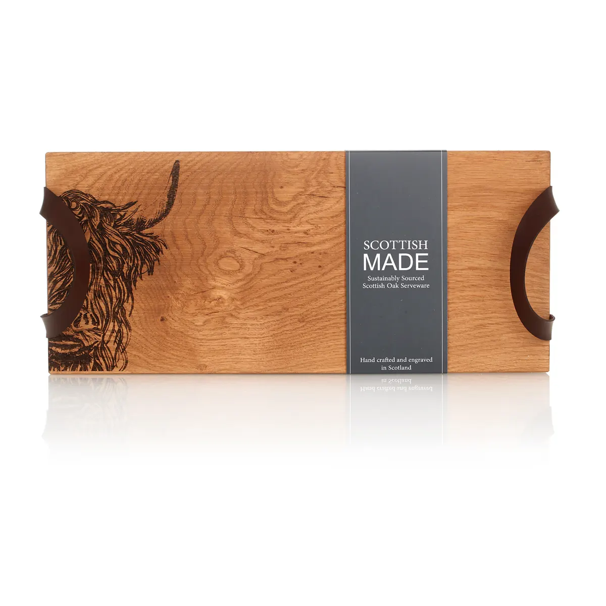 Servierbrett-Tablett-Holz-Eiche-Oak-Schottland-Highland-Cow-Rind-001 Highland Cow - Eichenholz Tablett / Servierbrett - Made in Scotland