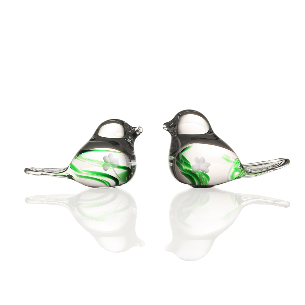 Celtic-love-birds-kristall-glas-irland-irish-shamrock-kleeblatt-001 Irish Shamrock Love Birds - 2 handgefertigte Kristallglas Vögel aus Irland