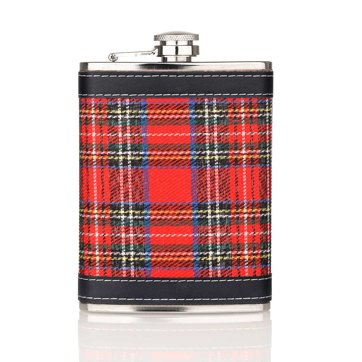 Schottischer Royal Stuart Tartan Flachmann aus Edelstahl mit schwarzen Applikationen (8oz)