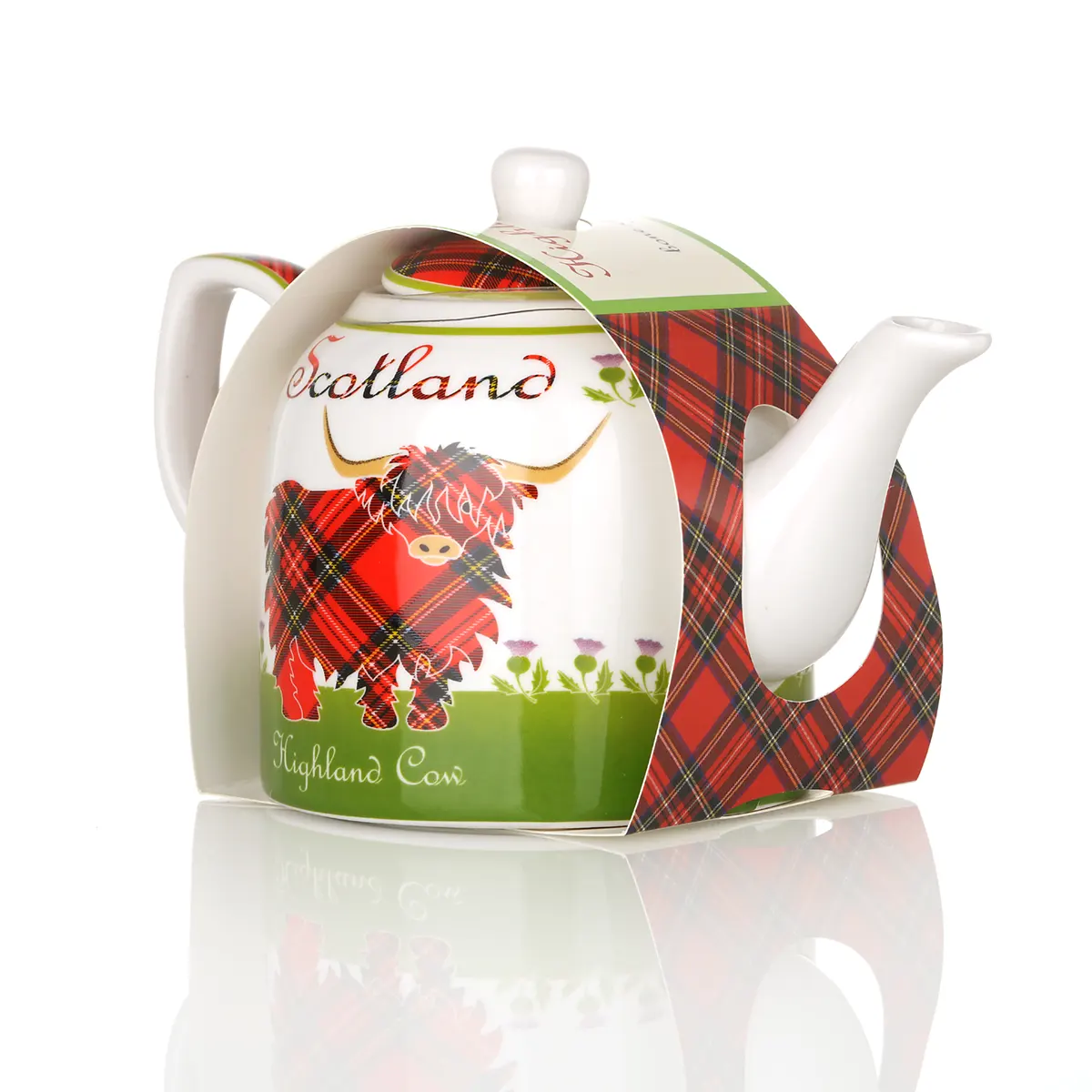 Highland Cow Teekanne aus Keramik mit schottischem Rind & Tartan-Muster