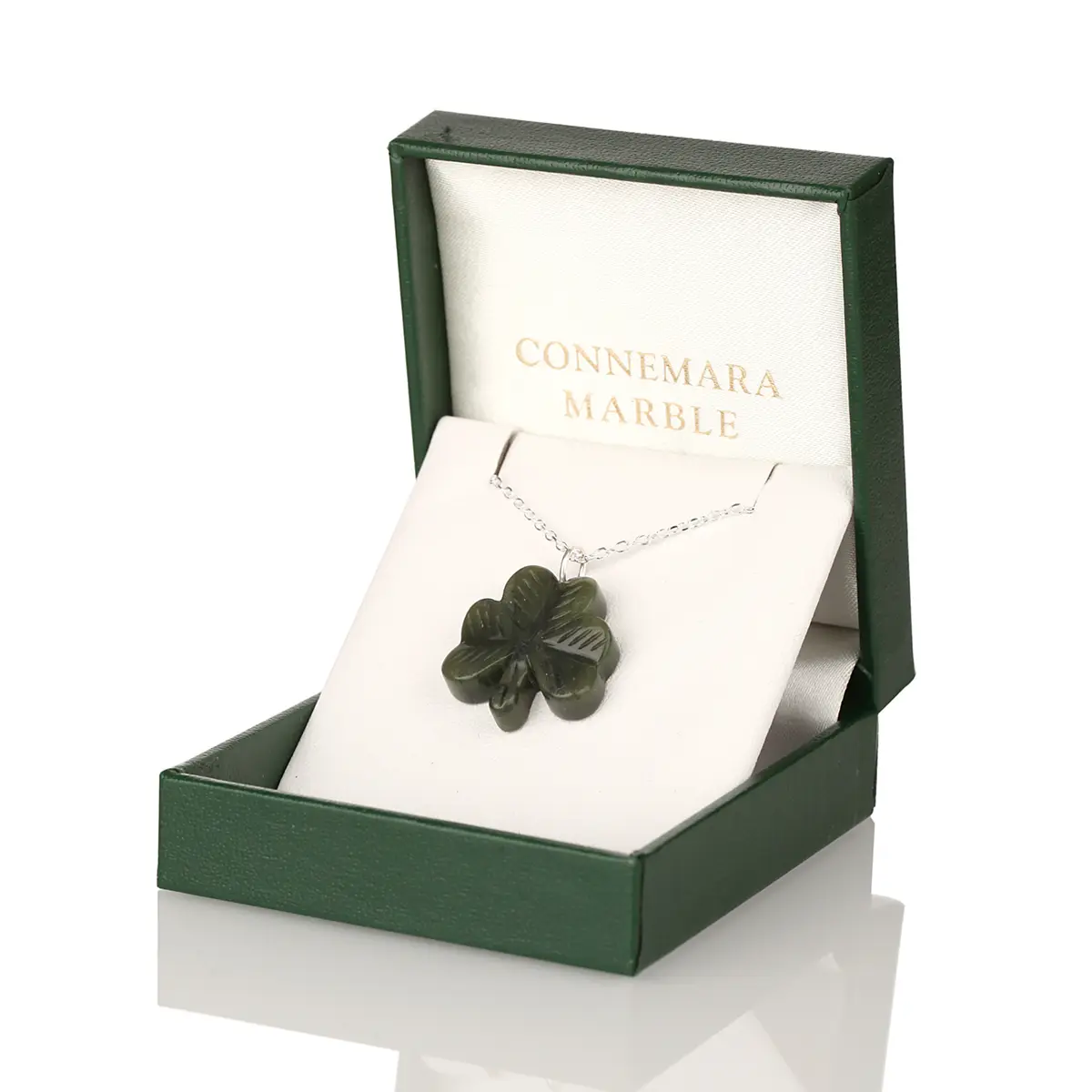 kette-anhaenger-irland-kleeblatt-shamrock-connemara-marmor-silber-002 Carved Irish Shamrock - Irische Kleeblatt Kette aus Connemara Marmor