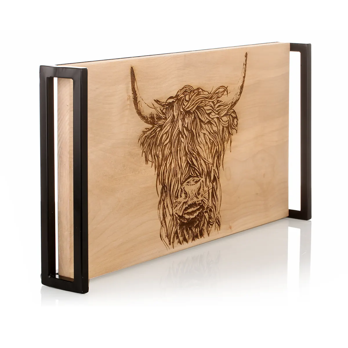 Highland Cow - Holz Tablett / Servierbrett aus Bergahorn & Metall - Made in Scotland