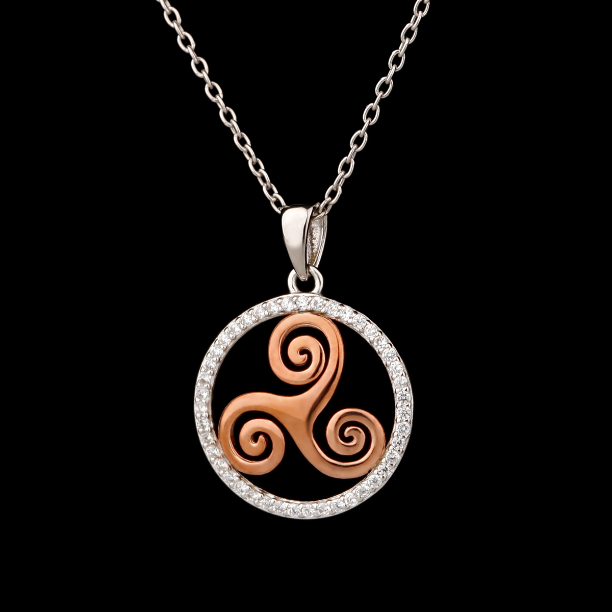 kette-anhaenger-triskele-spirale-silber-gold-kristall-irland-002 Newgrange Spiral - Keltische Triskele Kette aus Sterling Silber & Roségold