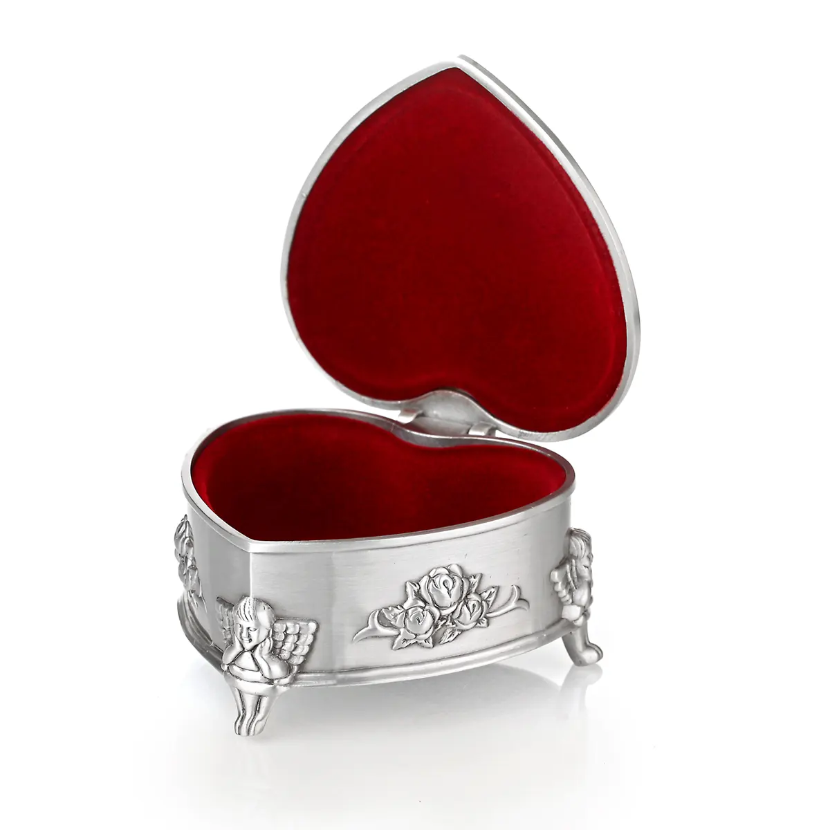 schmuck-schatulle-claddagh-keltisch-silber-metall-irland-003 Irische Claddagh Schmuckschatulle in Herzform - verziert mit Engeln & Rosen