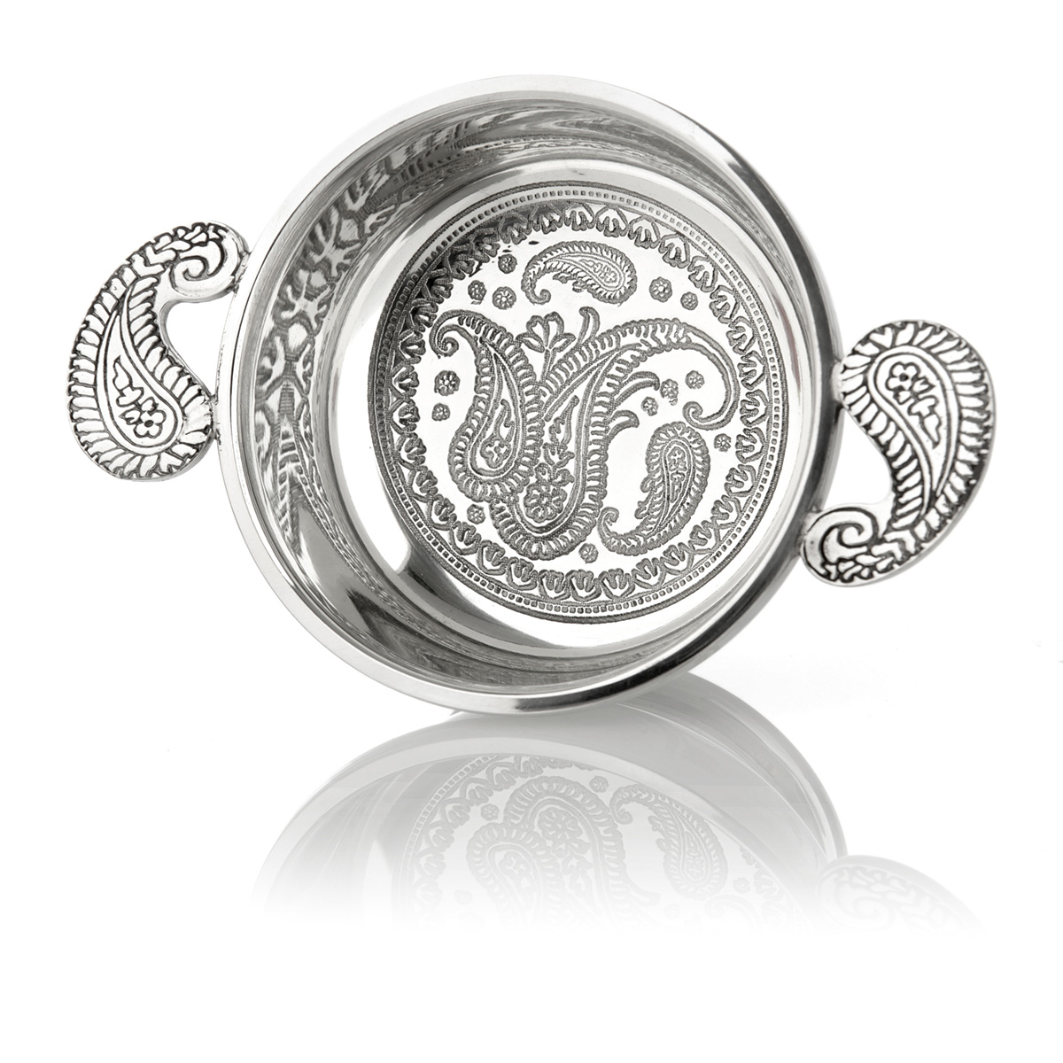 quaich-keltisch-schottland-010 Handgefertigter Whisky Quaich aus Zinn mit Paisley Muster - Made in England