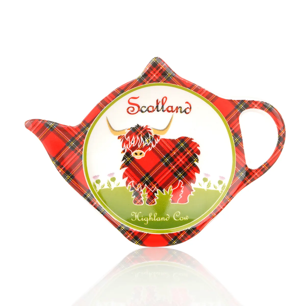 Highland Cow Teebeutel-Ablage aus Keramik mit schottischem Rind & Tartan-Muster Highland Cow Teebeutel-Ablage aus Keramik mit schottischem Rind & Tartan-Muster