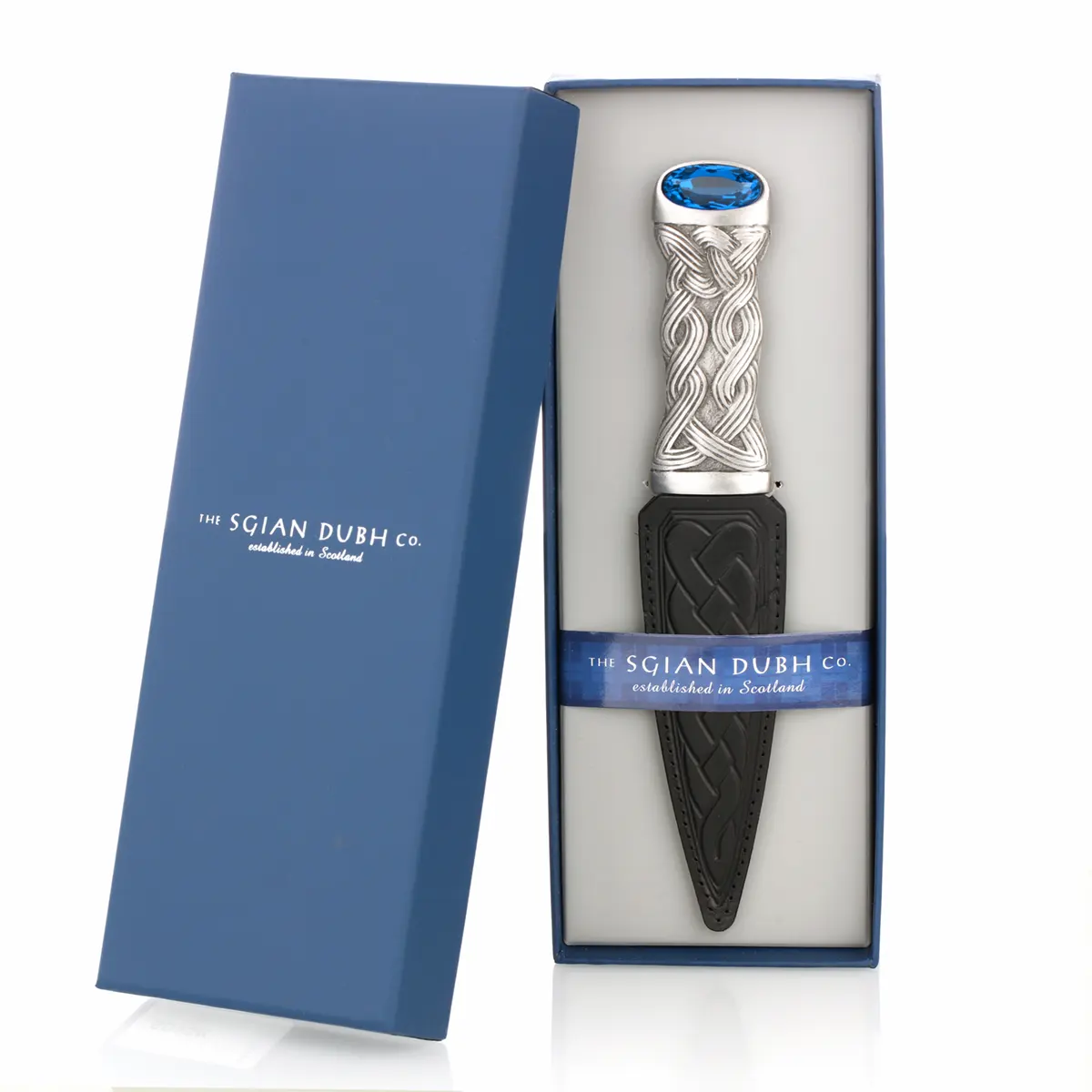 Highland Sapphire Sgian Dubh - Edelstahl & Zinn - blauer Kristall & Lederscheide