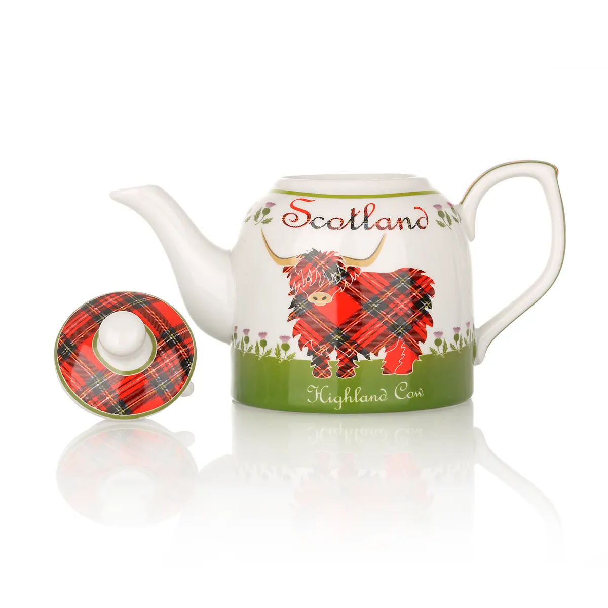 Highland Cow Teekanne aus Keramik mit schottischem Rind & Tartan-Muster