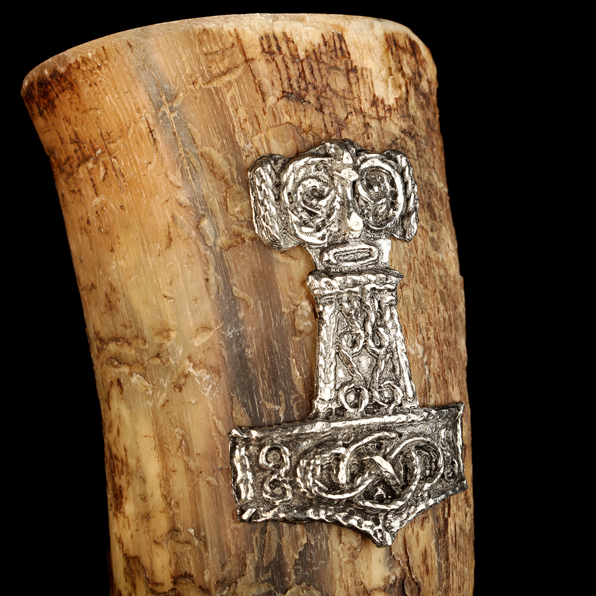 trinkhorn-wikinger-thors-hammer-mjoelnir-014 Mjölnir Rå - Thors Hammer Trinkhorn - ca 0,5 Liter - Rinderhorn Natur / Roh