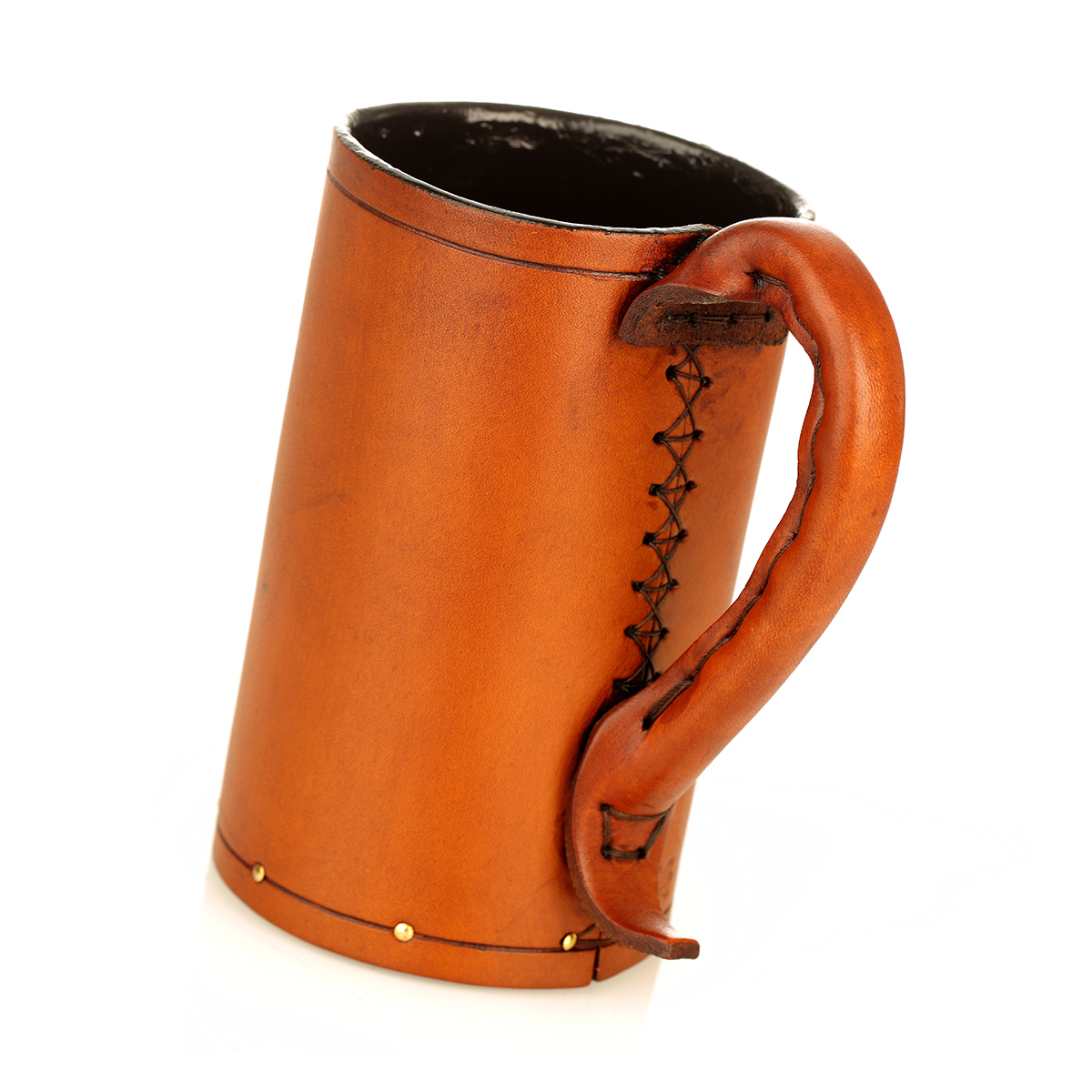 bier-ale-krug-leder-holz-mittelalter-033 Medieval Jack - 1 Pint Mittelalter Leder Bierkrug aus England - braun