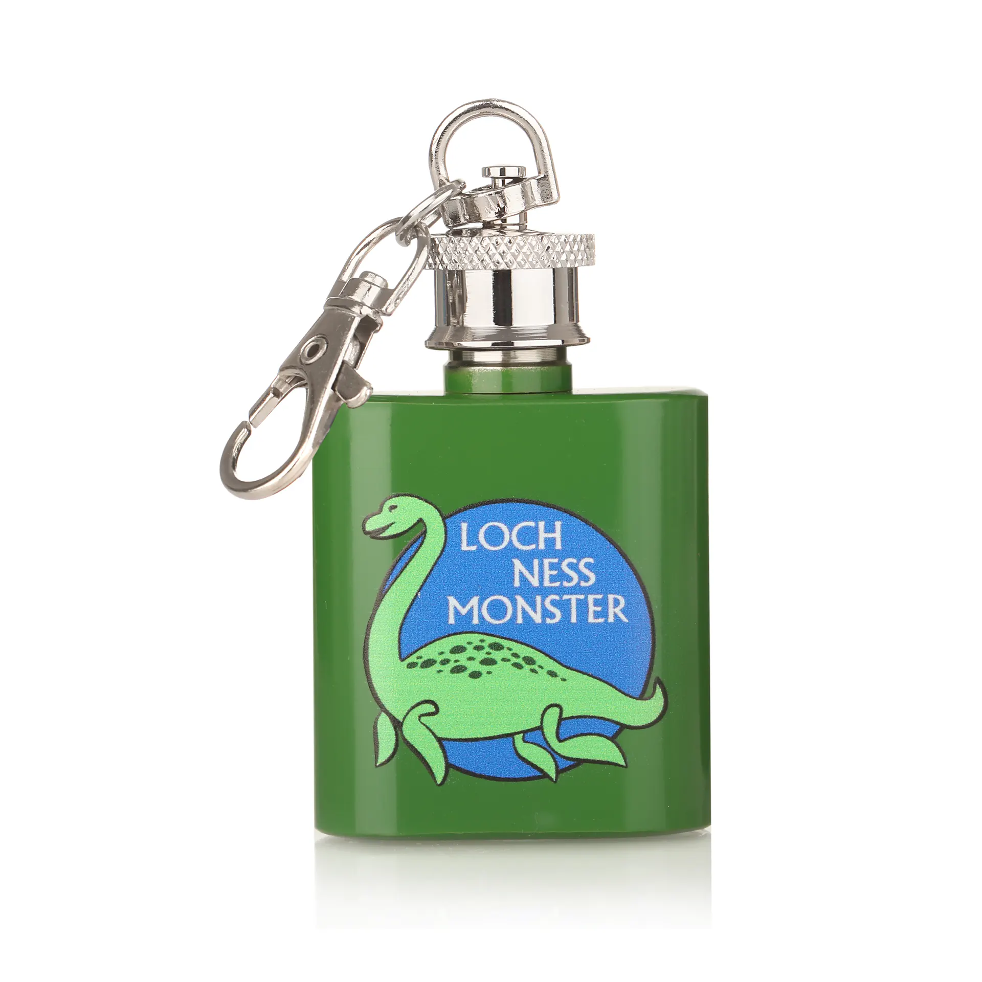 Nessie Flachmann Schlüsselanhänger aus bemaltem Edelstahl mit Loch Ness Monster