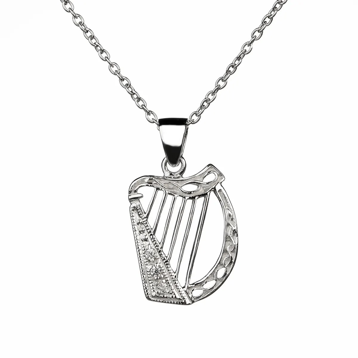 Keltische Harfe aus Sterlingsilber mit Kristallen – handgefertigt in Irland