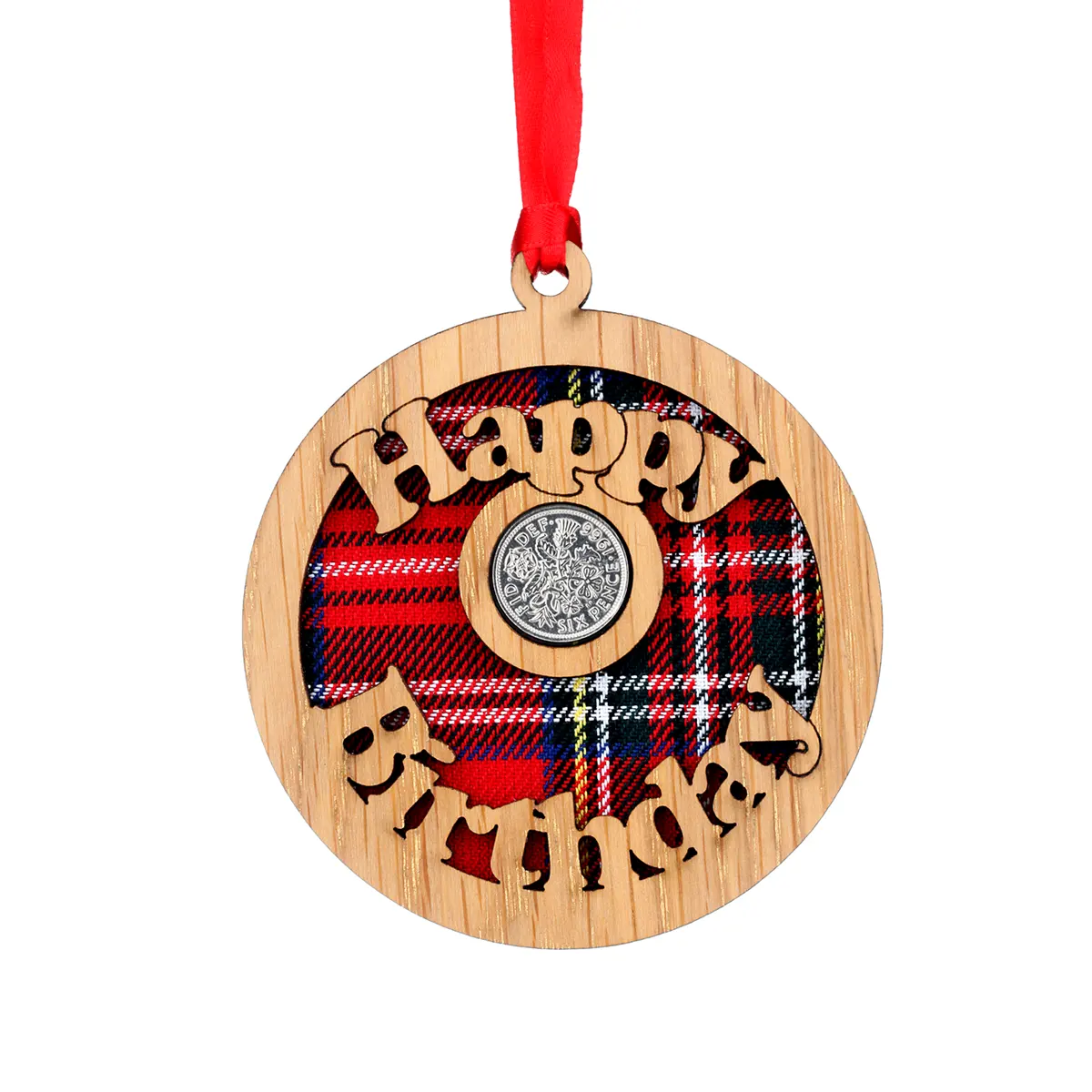Happy Birthday Lucky Sixpence - Geburtstags-Glücksbringer aus Schottland - Royal Stewart Tartan