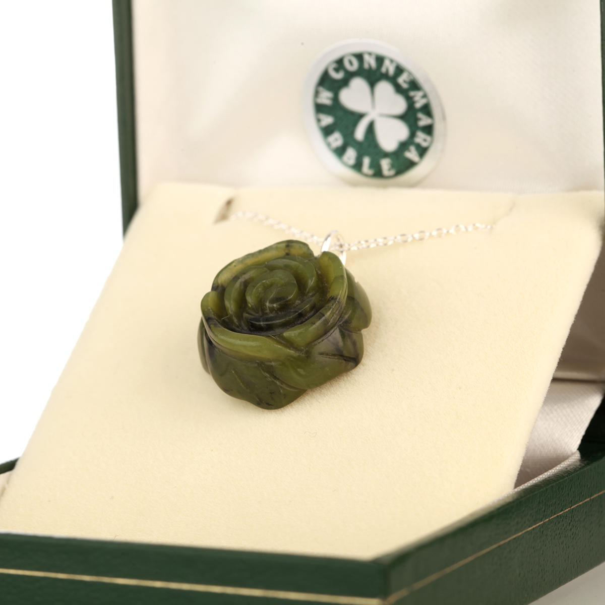 Shamrock Rose - Irische Rose Kette aus grünem Connemara Marmor & Sterling Silber