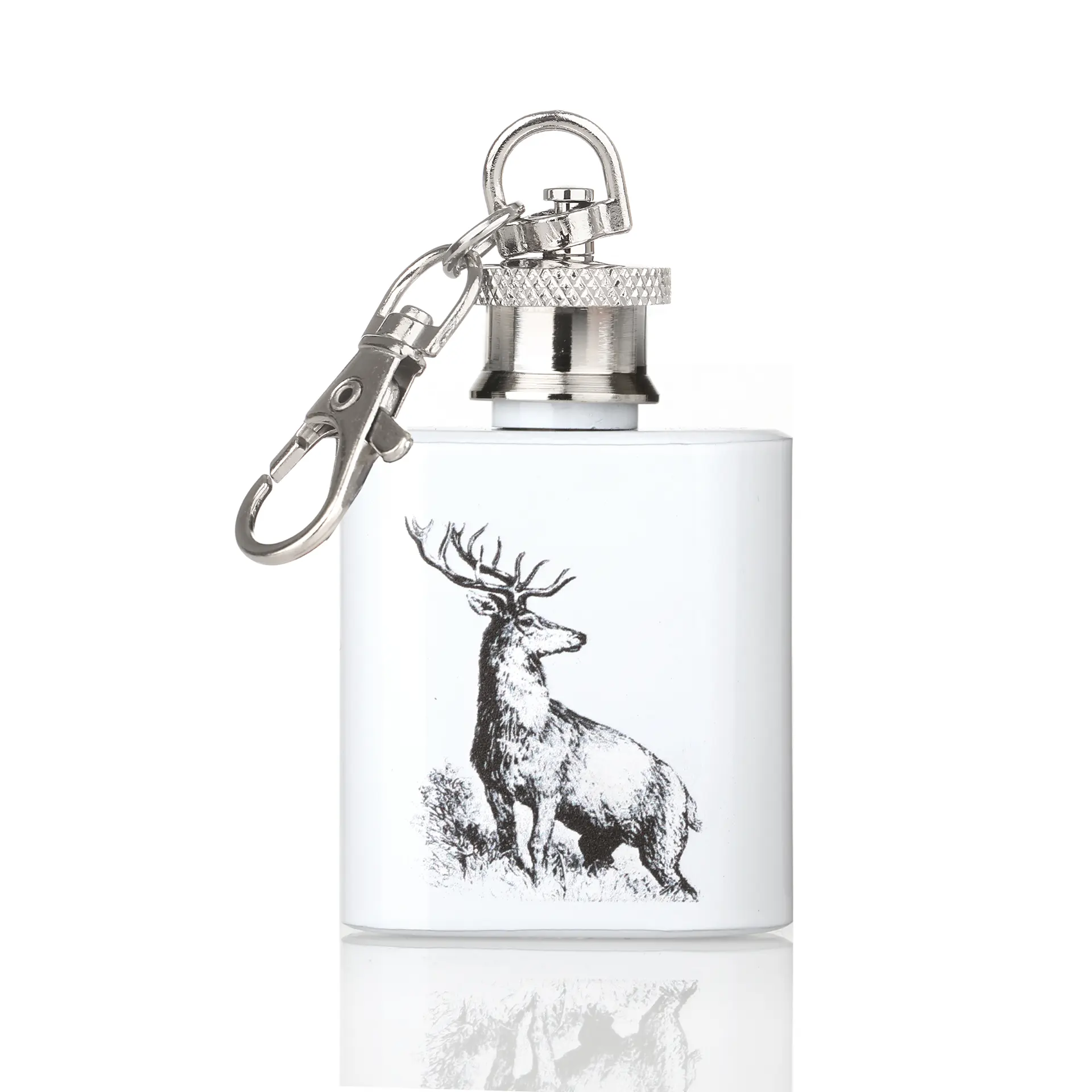 Highland Stag Flachmann Schlüsselanhänger aus bemaltem Edelstahl mit schottischem Hirsch