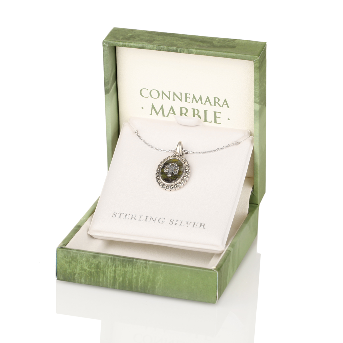 Marble Shamrock - Irische Kleeblatt Kette aus Silber mit Connemara Marmor & Markasit
