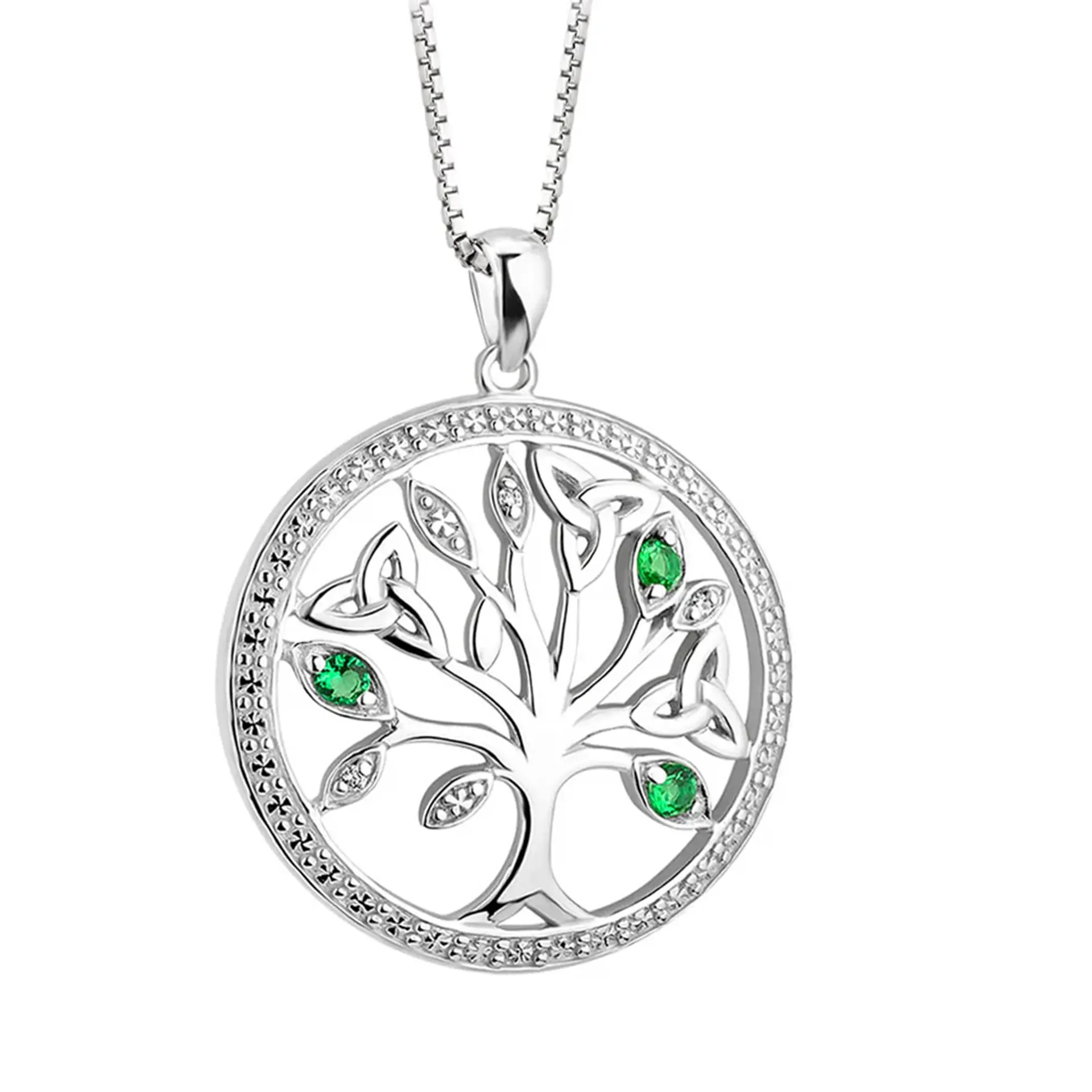 Keltische Lebensbaum Kette aus Irland - Sterlingsilber und grüne Kristalle