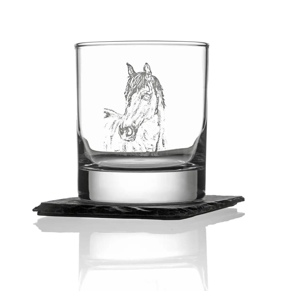 Horse Whisky Set - Whiskyglas mit Whiskysteinen & Schiefer Untersetzer in Holzbox