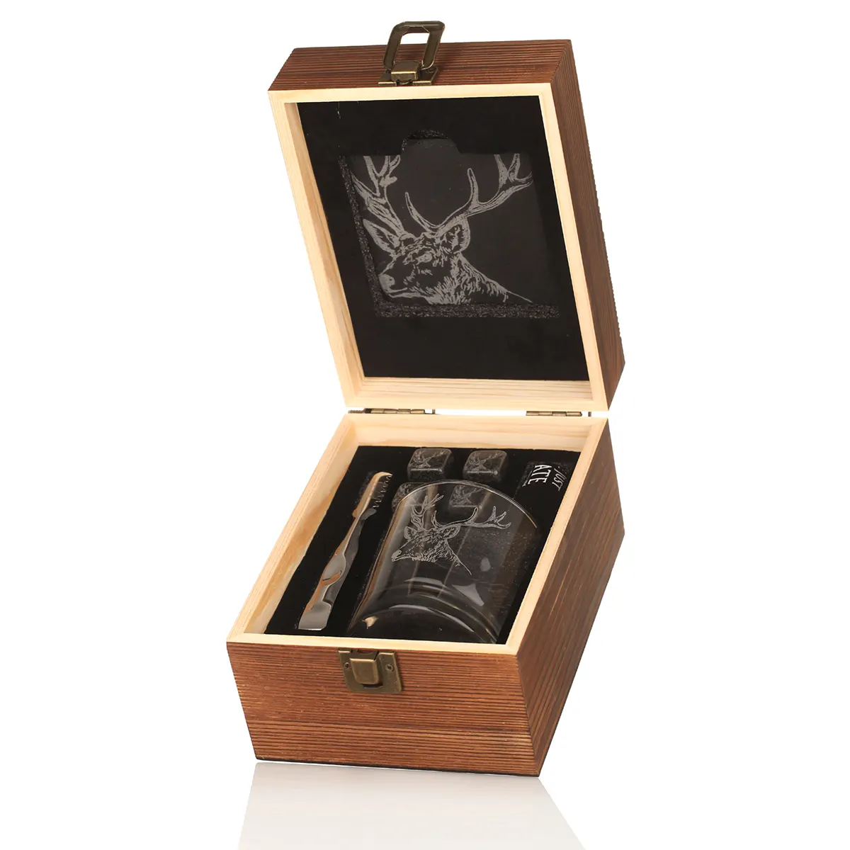 Highland Stag Whisky Set - Schottischer Hirsch Tumbler mit Steinen & Schiefer Untersetzer in Holzbox