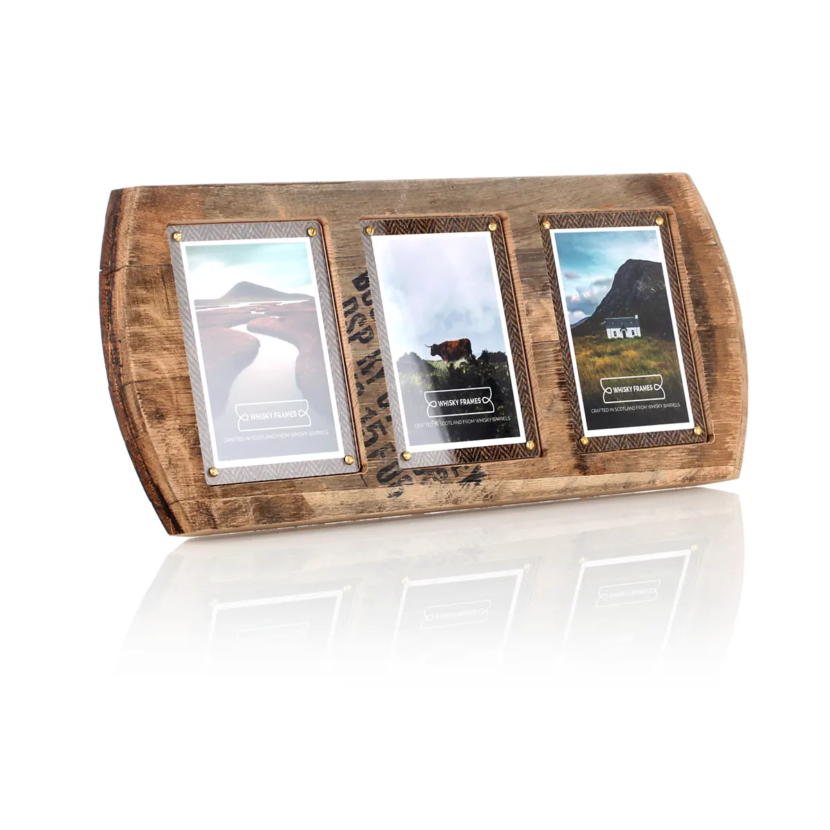 Whiskyfass Fotorahmen 3 x 10x15 cm - Handgefertigt aus recyceltem Fassholz (Eiche) & Harris Tweed