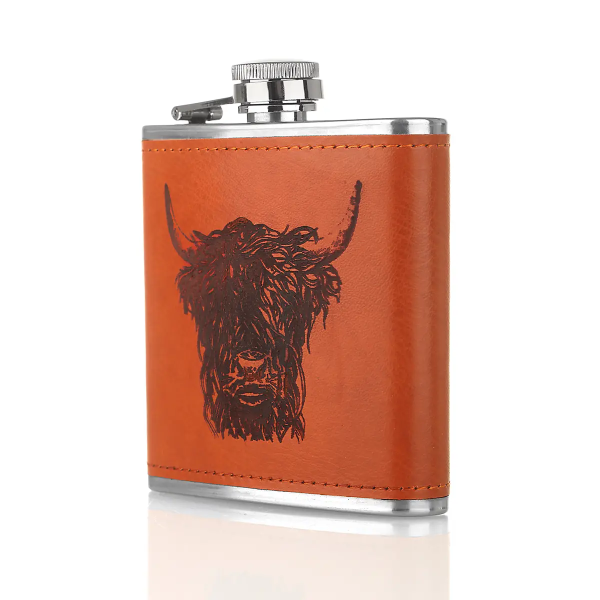 flachmann-hip-flask-leder-edelstahl-schottland-highland-cow-rind-001 Leather Highland Cow Hip Flask - Schottisches Rind Flachmann aus Edelstahl & Leder