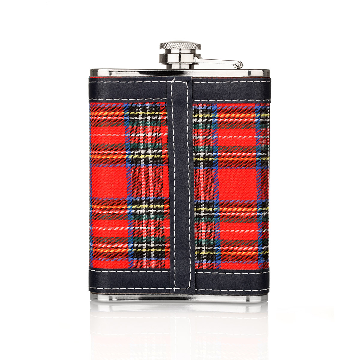 Schottischer Royal Stuart Tartan Flachmann aus Edelstahl mit schwarzen Applikationen (8oz)