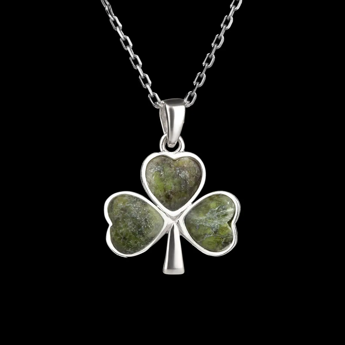 Irish Shamrock - Irische Kleeblatt Kette aus Silber & Connemara Marmor