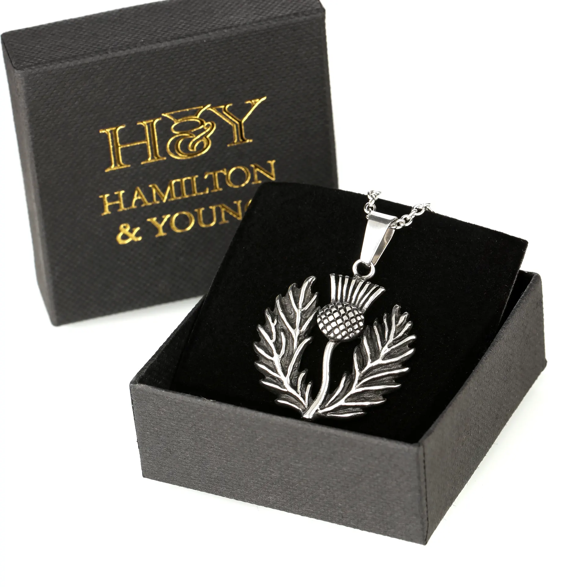 Schottische Distel - Anhhänger & Kette aus Edelstahl mit Lederband aus Schottland