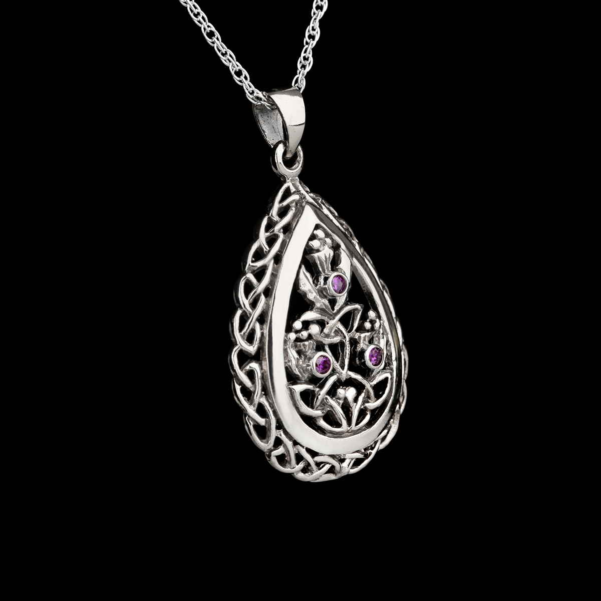 Kette-Anhaenger-Outlander-Schottland-Distel-003 Trinity Thistle - Keltische Outlander Kette aus Schottland - Disteln & Amethyst
