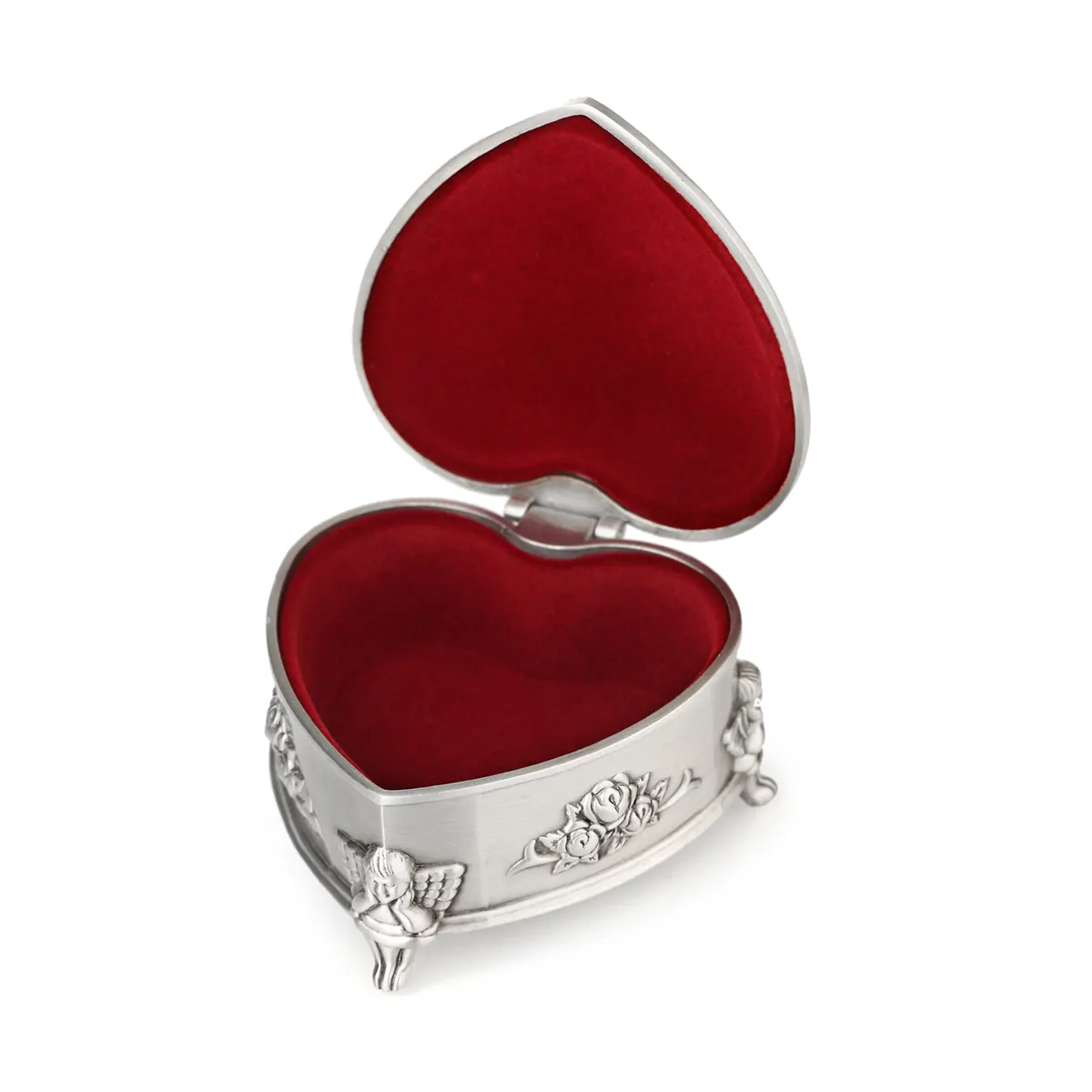 schmuck-schatulle-claddagh-keltisch-silber-metall-irland-005 Irische Claddagh Schmuckschatulle in Herzform - verziert mit Engeln & Rosen