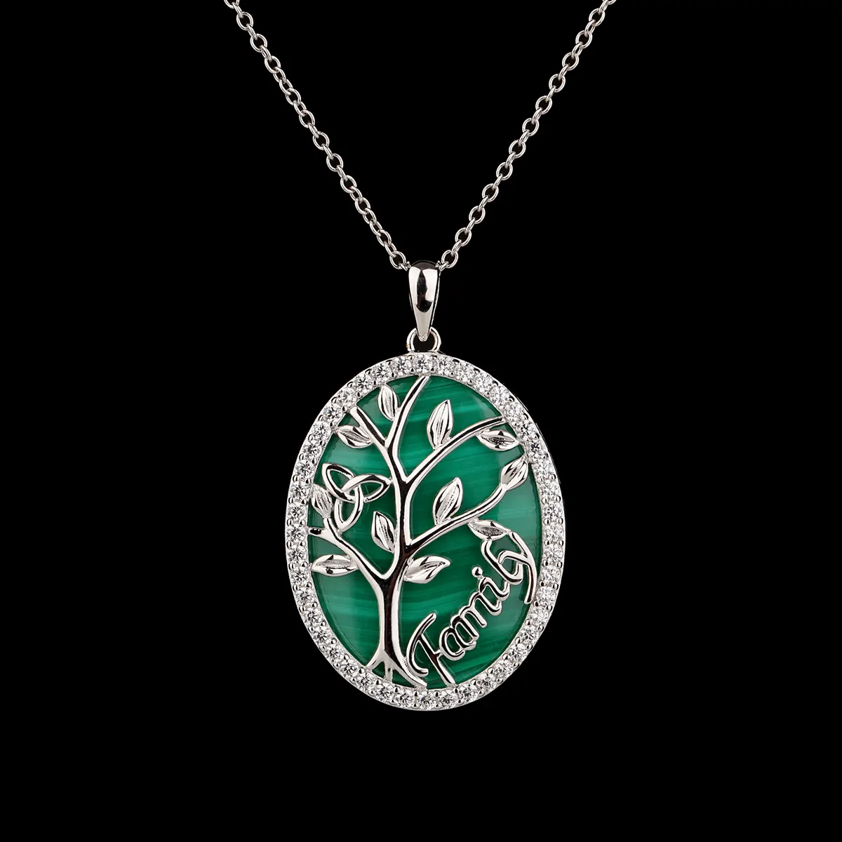 Trinity Tree of Life - Keltische Lebensbaum Kette mit Malachit und Kristall