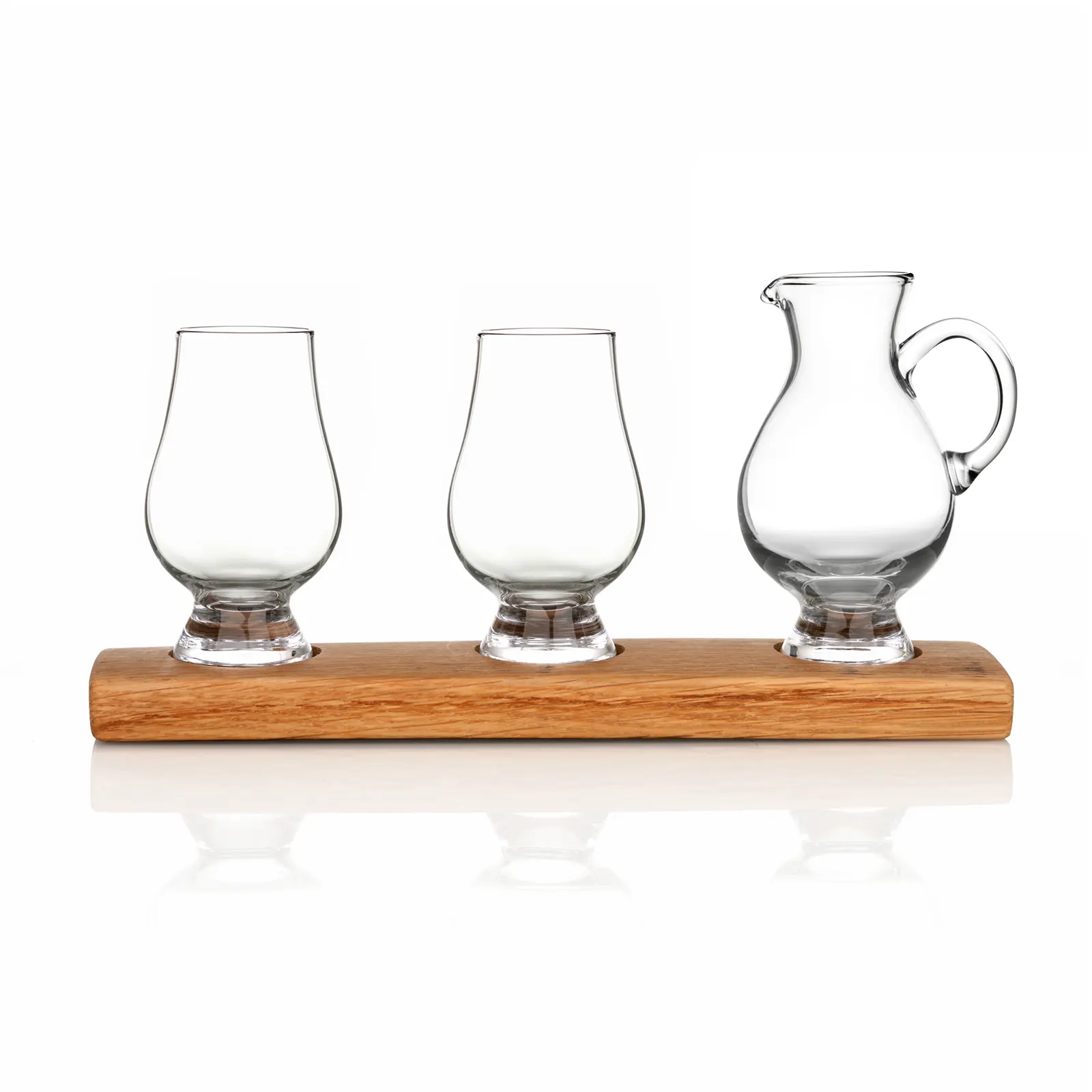 Whisky Fass Flight Tray aus Eiche - Untersetzer mit 2 Glencairn Gläsern & Wasserkrug